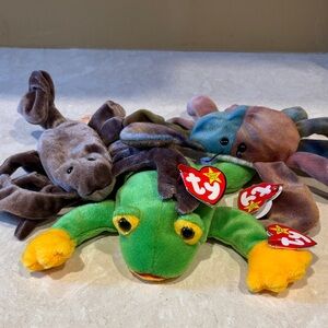Ty Plush Frog and Octopus Set - Green, Yellow, Brown
